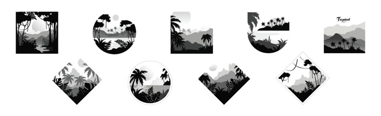 Poster - tropical rainforest landscape with palm trees in geometric shape vector set
