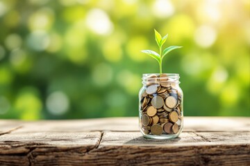 Poster - Jar of coins with a growing plant on blurred green background, wooden table in foreground.