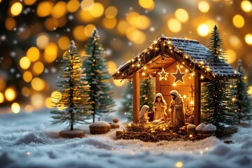 Poster - Christmas nativity scene with glowing lights in a snowy setting, surrounded by festive decorations and pine trees.