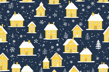 Poster - Winter-themed pattern of yellow houses with snow-covered roofs on dark background.
