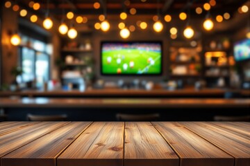 Poster - Wooden table closeup with blurred bar background and sports on TV, warm lighting ambiance.