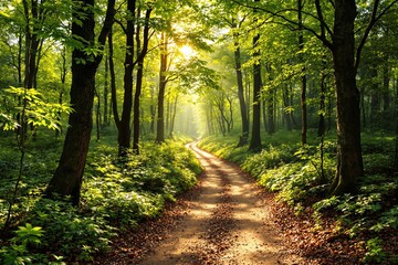 Poster - Sunlit forest pathway surrounded by lush green trees and foliage.