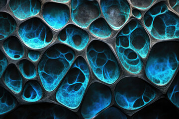 Poster - Abstract image of interconnected blue glowing cavities within a dark, textured, organic-like structure.