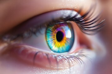 Poster - Close-up image of a colorful eye with intricate iris details and soft lighting background.