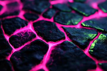 Poster - Glowing pink energy flows between dark, textured stone pavement, creating a vibrant, surreal scene.