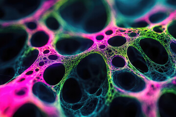 Fototapete - Abstract neon pink and green network structure with interconnected nodes and holes, resembling a vibrant web or neural network.