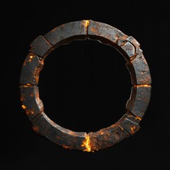 rustic iron ring with glowing embers against black background