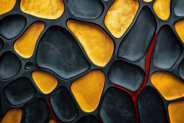 Aufkleber - Abstract art of interlocked gold and black stones with red veins, creating a textured surface.