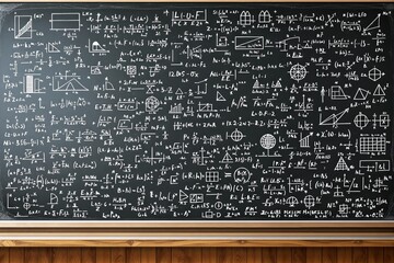 Poster - Chalkboard filled with mathematical equations, geometric diagrams, and formulas in a classroom setting.