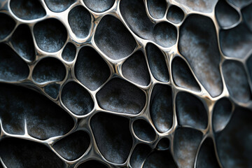Poster - Abstract metallic texture resembling a network of interconnected, irregular cells or bubbles.