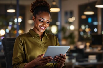 Poster - Woman smiling while using a tablet in a warmly lit office space at night.