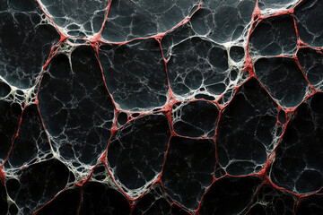 Poster - Intricate web of red and white threads on dark background, resembling a spiderweb or neural network.