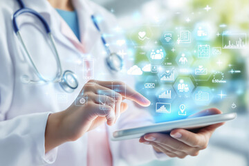 Poster - Doctor interacting with a digital interface displaying medical icons and data on a light background.