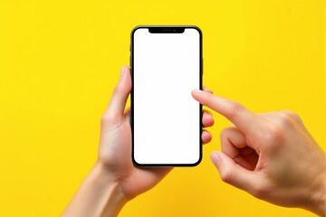 Wall Mural - Smartphone in hand with blank screen on vibrant yellow background.