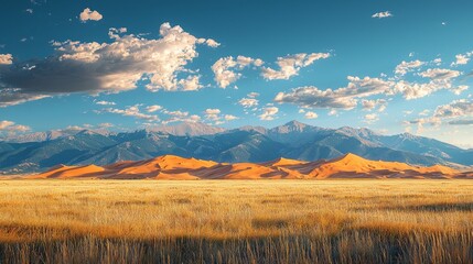 Poster - Golden sand dunes stretch endlessly under a bright blue sky adorned with cotton candy clouds