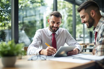 Aufkleber - Business collaboration scene with two men discussing documents at a bright modern office table.