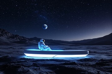 Poster - Astronaut seated on glowing futuristic platform under starry sky with Earth in the background.