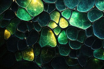 Poster - Abstract image depicting an intricate pattern of interconnected, glowing green and yellow organic shapes resembling a cellular structure or gemstone mosaic.