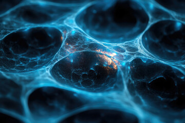 Poster - Abstract image depicting a glowing blue network resembling a complex web or neural network.