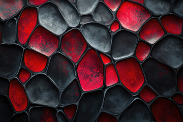 Fototapete - Abstract background of interconnected red and black organic shapes resembling a unique stone mosaic.