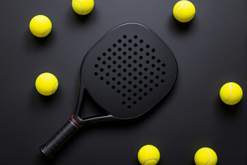 Poster - Black padel racket with perforated surface surrounded by yellow tennis balls on dark background.