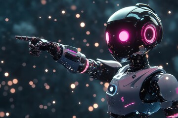 Poster - Positive cute robot pointing at a space. Copy space, ai generated . A robot floating in space, raising its finger in a gesture of triumph or curiosity against a starry backdrop.