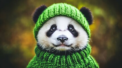 Wall Mural - Cute Panda Wearing Green and White Hat - Delightful Wildlife Documentary Stock Photo