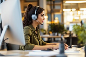Aufkleber - Focused call center agent working on a computer in a modern office with ambient lighting.
