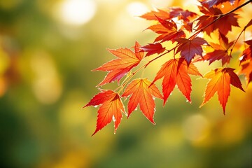 Poster - Vibrant red autumn leaves on tree branch with sunlight background.