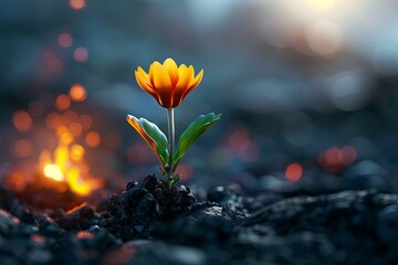 Poster - A vibrant orange flower blooms amidst dark terrain, symbolizing resilience against the backdrop of glowing embers. Life Amidst Cold Volcanic Rock, Lonely Bloom