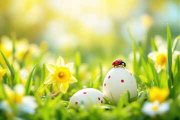 Poster - Ladybug resting on a polka-dotted egg amid vibrant spring daffodils in soft sunlight.