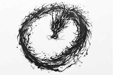 Wall Mural - Abstract black ink dragon forming a circular shape on white background.