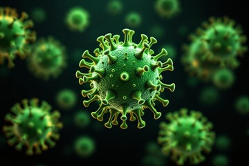 Aufkleber - Close-up of green virus particles with spikes on a dark background.