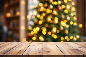 Poster - Wooden table with blurred Christmas lights and tree in background.