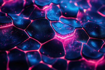 Poster - Abstract image depicting a vibrant, glowing, honeycomb-like structure with pink and blue hues.
