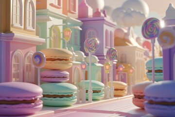 Wall Mural - A whimsical candy-colored town with pastel macarons and lollipops lining the streets.