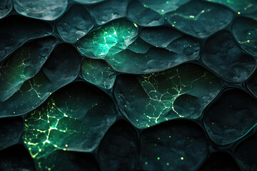 Poster - Abstract image of dark, textured, interconnected shapes with glowing green veins.