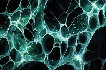 Poster - Abstract teal glowing network, resembling a complex web or neural network, filled with bright particles.