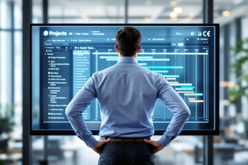 Aufkleber - Businessman analyzing project timeline on a digital Gantt chart in a modern office.