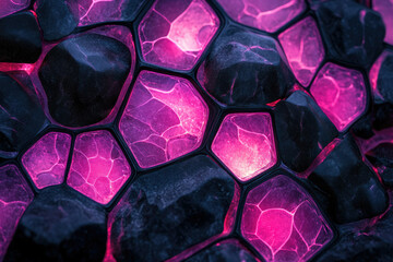 Poster - Glowing hexagonal cells embedded in dark, rough stone, creating a vibrant abstract texture.