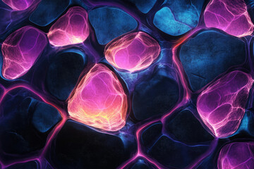 Poster - Abstract glowing pink and blue organic shapes resembling cells or energy fields.