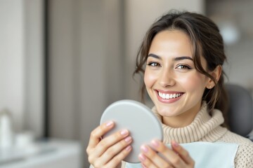 Wall Mural - Woman smiling while holding a small mirror in a bright room.