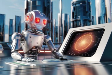 Poster - A futuristic robot operates a high-tech console in a city of towering skyscrapers.
