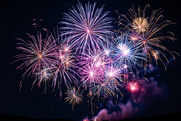 Aufkleber - Vibrant fireworks display against a dark night sky, showcasing colorful bursts of light.
