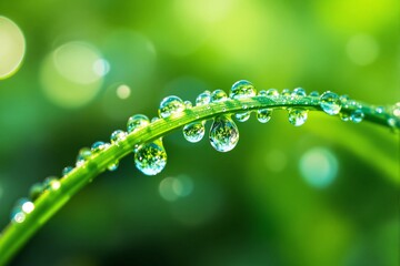 Poster - Close-up of dew drops on green grass blade against blurred green background.