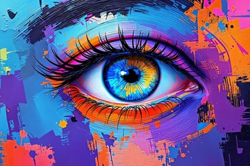 Poster - Vibrant abstract eye illustration with colorful strokes and geometric art background.