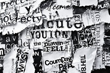 Poster - Abstract collage of torn typography pieces in black and white.