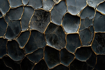 Fototapete - Abstract dark gray stone texture with gold veins, resembling cracked earth or a mosaic.