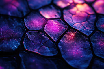 Leinwandbilder - Close-up of dark, textured surface with vibrant purple and pink lighting, resembling cracked stone or a futuristic material.