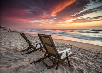 Wall Mural - Serene Beach Scene: Long Exposure of Empty Beach Chairs at Sunset